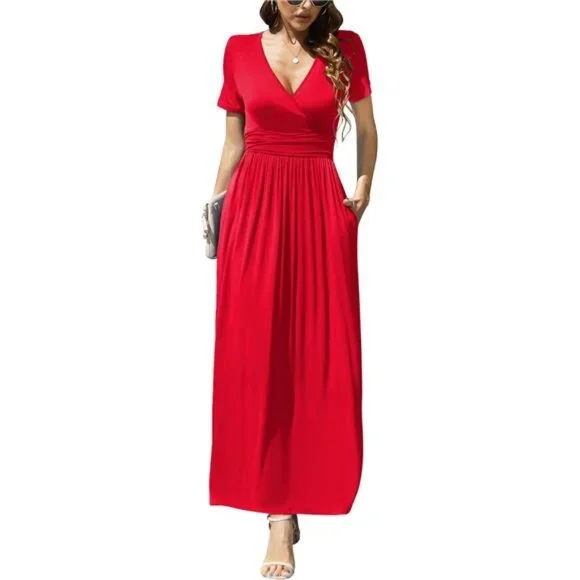 Dresses | Short Sleeves Dress Wrap Waist Maxi Dresses With Pockets For  Women | Poshmark